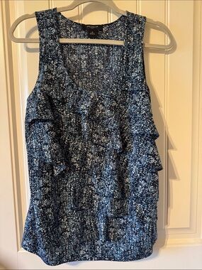Ann Taylor Navy and White Ruffle Front Sleeveless Blouse